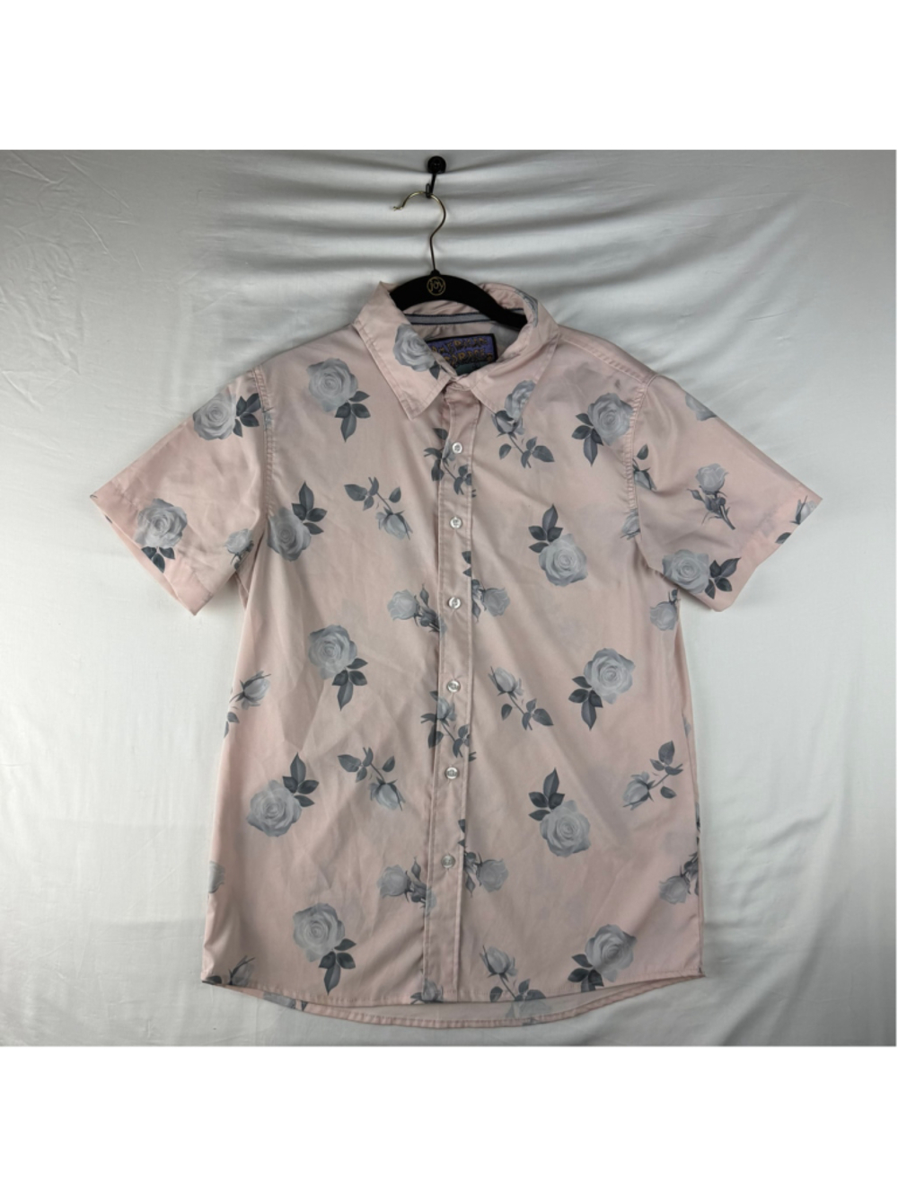 American Garage Pink Floral Rose Print Button Up Shirt Mens Small Short Sleeve